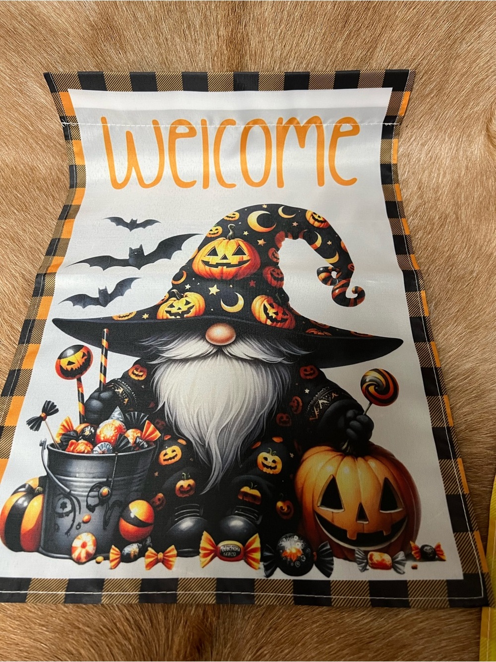 Halloween Gnome Welcome Flag - Orange, Black, White